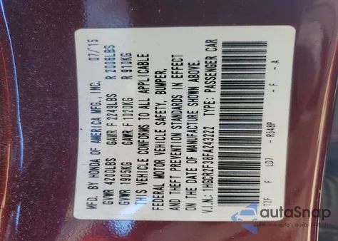 2015 Honda Accord Lx z USA, uszkodzony, nr VIN 1HGCR2F38FA243222